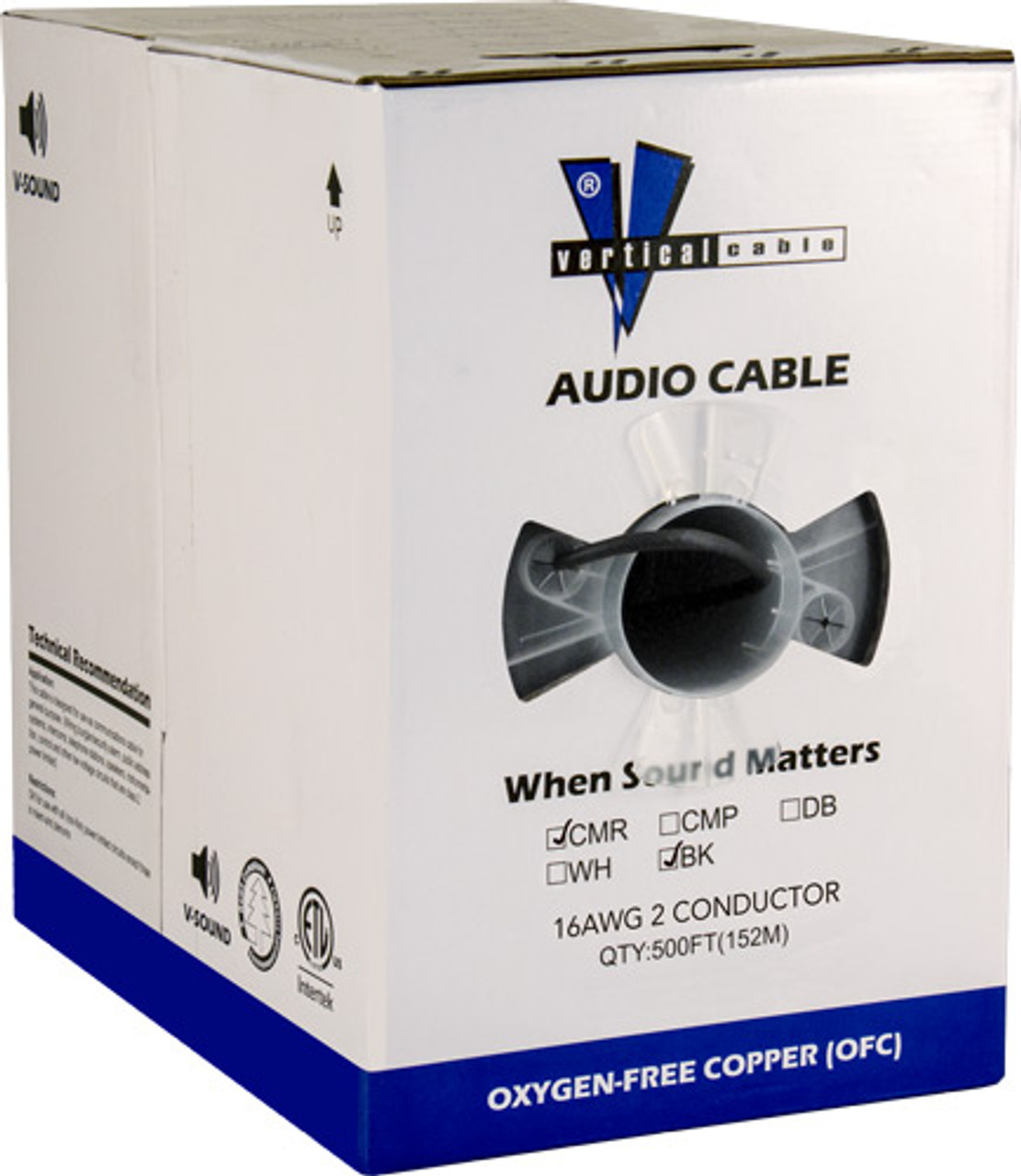 Audio Cable 16AWG 2 Conductor Stranded (65 Strand) 500′, PVC Jacket Pull Box, Black