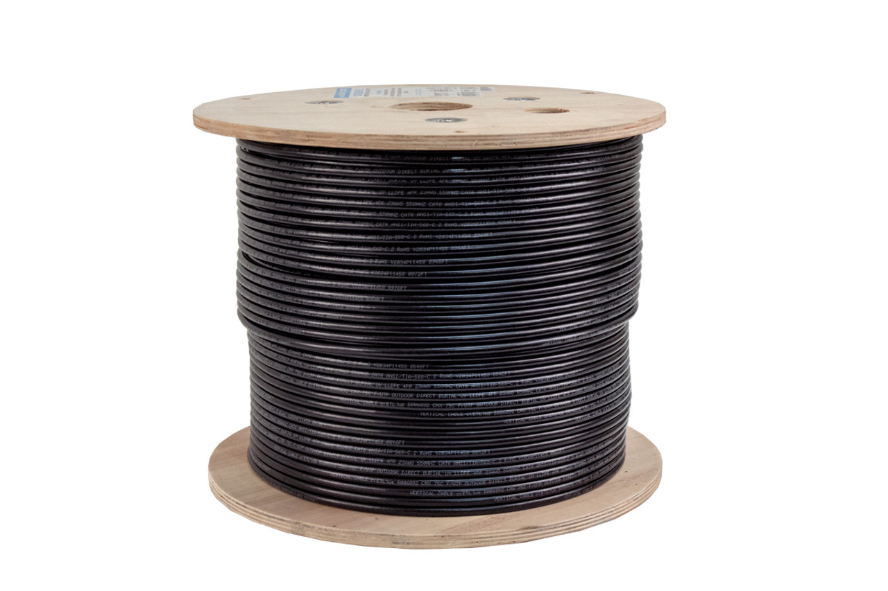 Category-6 F/UTP Outdoor Waterproof (Dual Jacket) Direct Burial (UV) 1000ft Wooden Spool, Black