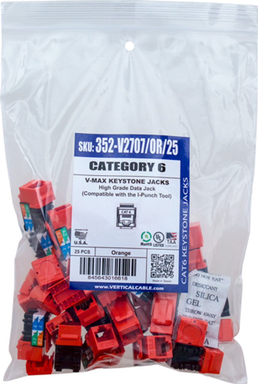 CAT6 Data Grade Keystone Jack – 25 Pack, RJ45, 8×8, Terminate These Jacks with our I-Punch Tool