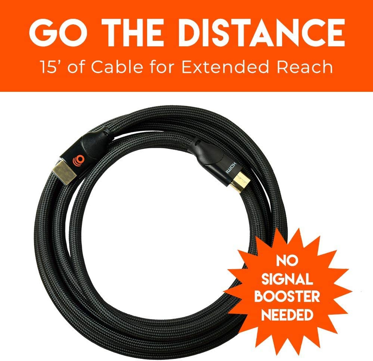 Long 15ft Braided HDMI 2.0 Cable - 4k & HDR Compatible - Gold Plated Connections Support 4k at 60fps Refresh Rate & 18gbps Bandwidth