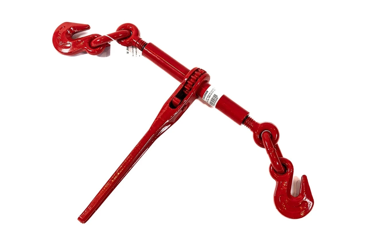 Red ratchet chain load binder with grab hooks