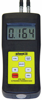 The new PHASE II UTG-1500 is a handheld microprocessor-controlled ultrasonic thickness gauge specifically designed for measuring the thickness of metallic and non-metallic materials such as aluminum, titanium, plastics, ceramics, glass, and any other good ultrasonic wave conductor as long as it has a parallel top and bottom surfaces. With uses in many areas of industry, the UTG-1500 ultrasonic thickness gauge can perform precise thickness measurements on various types of raw materials, component parts, and assembled machinery. It can also be used to monitor all types of pipes and pressure vessels for loss of thickness due to corrosion or erosion. The new PHASE II UTG-1500 is a handheld microprocessor-controlled ultrasonic thickness gauge specifically designed for measuring the thickness of metallic and non-metallic materials such as aluminum, titanium, plastics, ceramics, glass, and any other good ultrasonic wave conductor as long as it has a parallel top and bottom surfaces. With uses in many areas of industry, the UTG-1500 ultrasonic thickness gauge can perform precise thickness measurements on various types of raw materials, component parts, and assembled machinery. It can also be used to monitor all types of pipes and pressure vessels for loss of thickness due to corrosion or erosion.