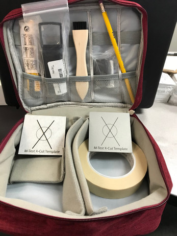 MTest X-Cut Template Kit.  Simplify X cut testing by using a template.  Includes both a Stainless-Steel Template and a Polyurethane Template.  Both are coated with a nonslip coating.