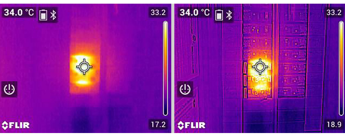 Side-by-side thermal images from the FLIR CM276 clamp meter, left without MSX® showing a basic heat map, right with MSX® overlay adding sharp visible-light details for improved clarity.