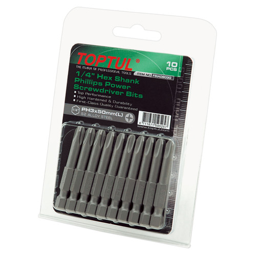 Toptul FSIA0802G 1/4" Hex Shank Phillips Power Screwdriver Bits PH2x50mm 10pcs Toptul FSIA0802G 1/4" Hex Shank Phillips Power Screwdriver Bits PH2x50mm 10pcs