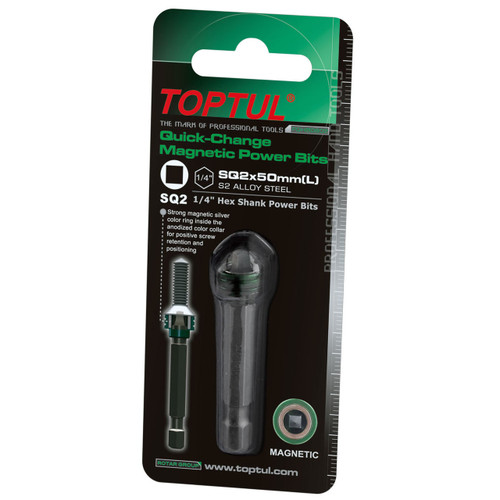 Toptul FQHB0802 1/4" Hex Shank Square Quick Change Magnetic Power Bits SQ2x50mm Toptul FQHB0802 1/4" Hex Shank Square Quick Change Magnetic Power Bits SQ2x50mm