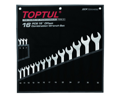 Toptul GPAX1601 Hi-Performance Combination 15° Wrench Set Pouch Bag 16pcs