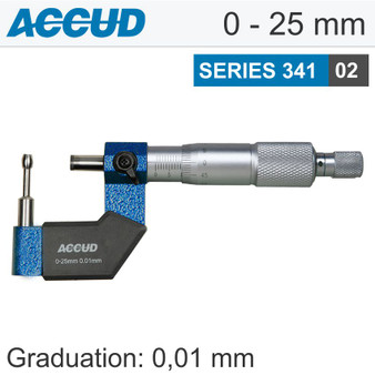 TUBE MICROMETER 25MM 0.006MM ACC. 8X3.4MM ANVIL 0.01MM GRAD.