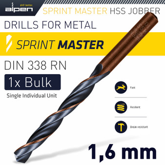 HSS SPRINT MASTER 1.6MM BULK DIN 338 ALPEN DRILL BIT