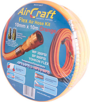 FLEX AIR HOSE KIT 10MM X 10M ORANGE  W/QUICK COUPLER & CONNECTOR YOHKO