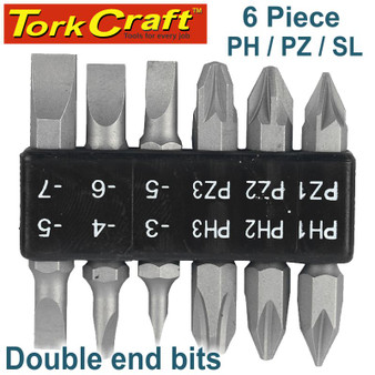 6PC 45MM DOUBLE END BIT SET PH1,2,3  PZ1,2,3  SL3,4,5,6,7MM