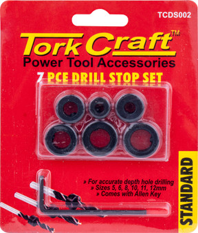 TORK CRAFT 7PC DRILL STOP SET (5.6.8.10.11.12MM) C/W ALLEN KEY