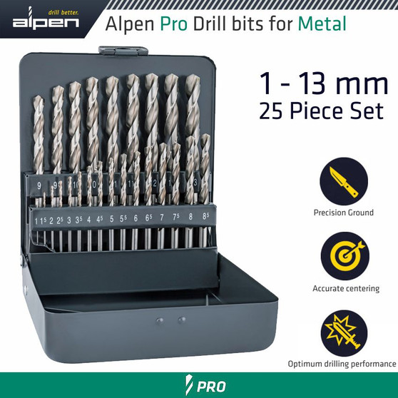 ALPEN PRO 25 PCS HSS-G 1 -13 X 0.5MM METAL CASE 135 SPLIT PNT SET KM25