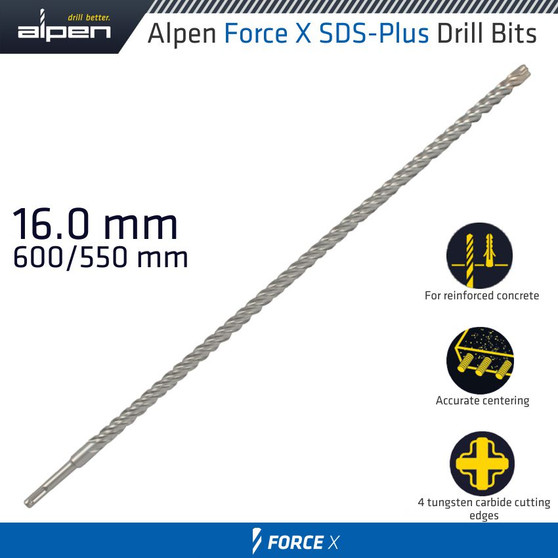 FORCE X 16.0 x 600/550  SDS-PLUS DRILL BIT X4 CUTTING EDGES