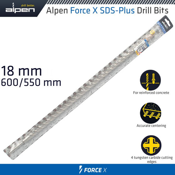 FORCE X 18.0 x 600/550  SDS-PLUS DRILL BIT X4 CUTTING EDGES