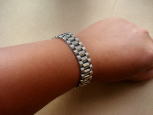 Vintage Style Of President Style Solid Steel Mens Silvery Wrist Bracelet Bangle With Hidden Clasp Marked Rolex Logo