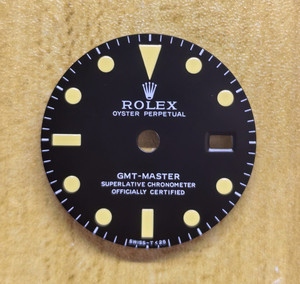 27.3mm 1675 Vintage Style Of Matt Black GMT Master Dial With Super Yellow Luminova Marked Rolex Symbol Fit ETA 2836 Or DG3804B movement With Date Wheel Overlay For 4 Hands