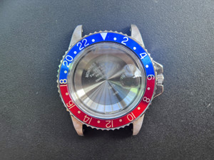 UPDATED ROLEX Signed Vintage Style of 39.6mm Stainless Steel 1675 GMT Watch Case With Acrylic Bubble Crystal Pepsi Friction Bezel And 20mm Lugs Have Drilled Through Holes Fit Modified 2836 Movement And Dial In 27.3mm With DWO