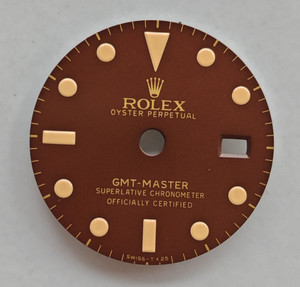 27.3mm 1675 Vintage Style Of Reddish Tropical Gilt GMT Master Dial With Super Yellow Luminova Marked Rolex Symbol Fit ETA 2836 Or DG3804B movement With Date Wheel Overlay For 4 Hands