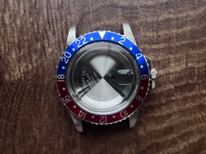 UPDATED ROLEX Signed Vintage Style of 39.6mm Stainless Steel 1675 GMT Watch Case With Acrylic Bubble Crystal Pepsi Friction Bezel And 20mm Lugs Have Drilled Through Holes Fit Modified 2836 Movement And Dial In 27.3mm With DWO
