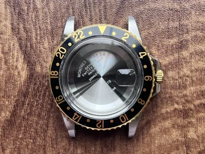UPDATED ROLEX Signed Vintage Style of 39.6mm 2-tone 1675 GMT Watch Case With Acrylic Bubble Crystal Black Friction Bezel And 20mm Lugs Have Drilled Through Holes Fit Modified 2836 Movement And Dial In 27.3mm With DWO