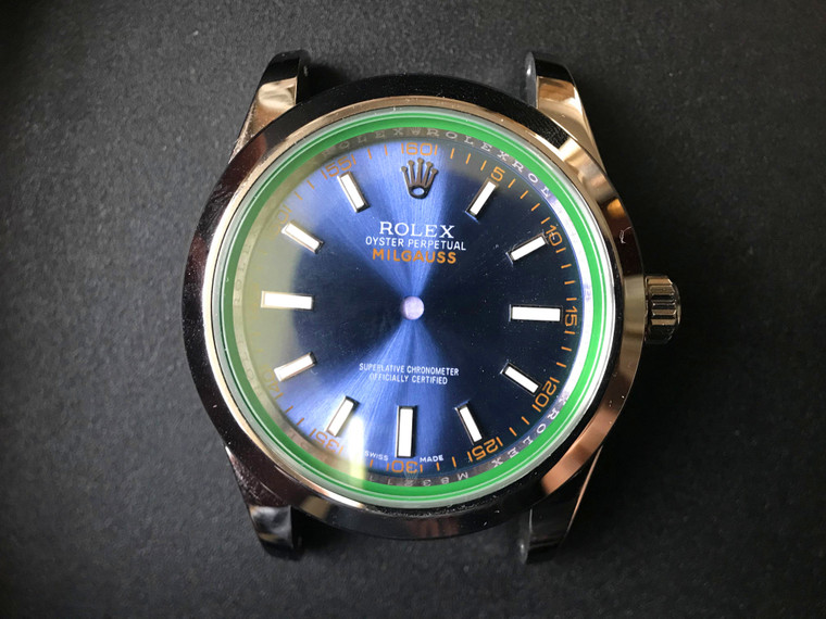 New Style Of Steel Rolex Milgauss 40mm Watch Set  With Smooth Bezel And Blue Dial And Green Crystal Fit ETA 2824 Movement