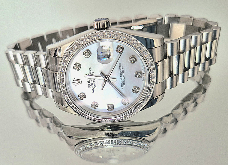 Steel Ladies Rolex 31mm DateJust Watch Set With CZ Rhinestones Bezel And Mother Of Pearl White Dial Has CZ Rhinestones And President Watch Band Fit ETA 2671 Movement