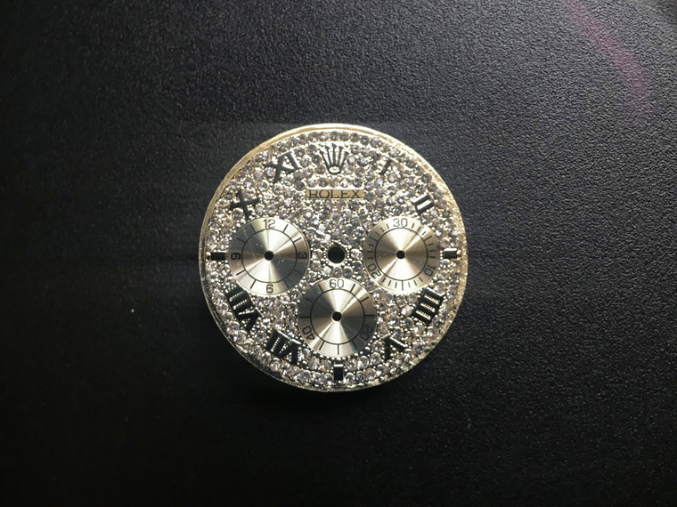 29mm Golden Dial Marked Rolex Symbol With Full CZ Rhinestones And Black Roman Numerals For Mens DAYTONA Watch Fit Chinese 7750 Automatic Movement