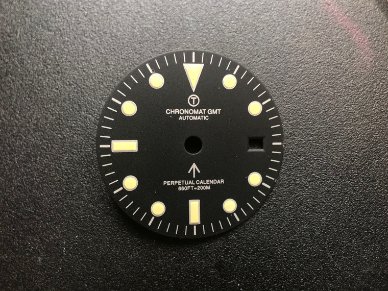 29mm Vintage Style of Black CHRONOTAC SEAMATIC GMT Dial Marked Broad Arrow Symbol With Yellow Lume For Mens Steel British Army Military  Watch Fit Chinese ShangHai 4 Hands Automatic Movement