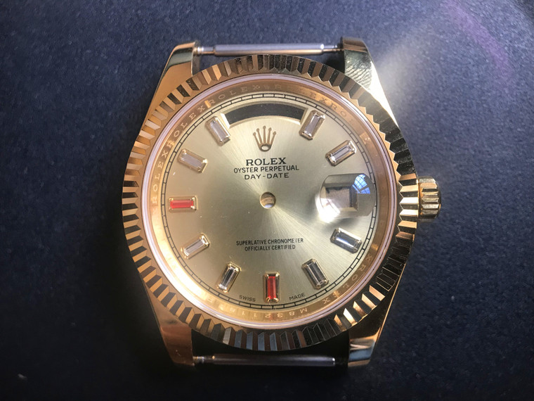 Rolex 41mm Golden Day-Date Watch Set  With Fluted Bezel And Champagne Dial Has White And Red CZ Rhinestones Fit ETA 2836 Movement