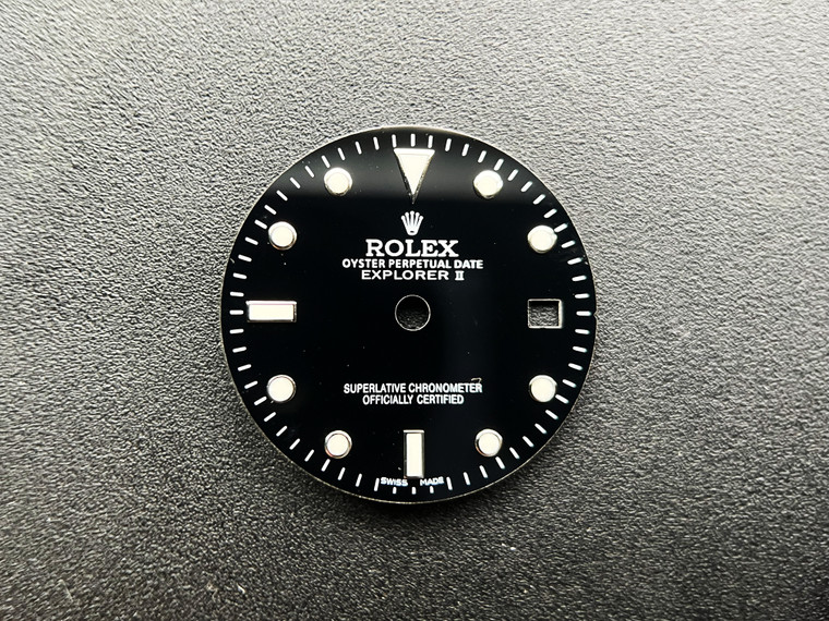 28.5mm 16570 Glossy Black Explorer II  Polar Dial With Smaller Silver Ring Hour Markers Signed Rolex Fit DG 3804 movement For Mens 4 Hands Watch