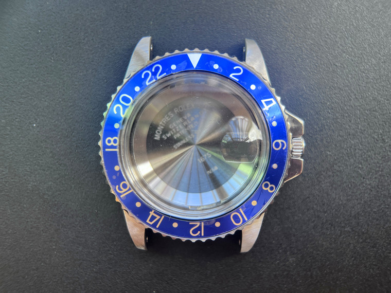 UPDATED ROLEX Signed Vintage Style of 39.6mm Stainless Steel 1675 GMT Watch Case With Acrylic Bubble Crystal Blue Friction Bezel And 20mm Lugs Have Drilled Through Holes Fit Modified 2836 Movement And Dial In 27.3mm With DWO