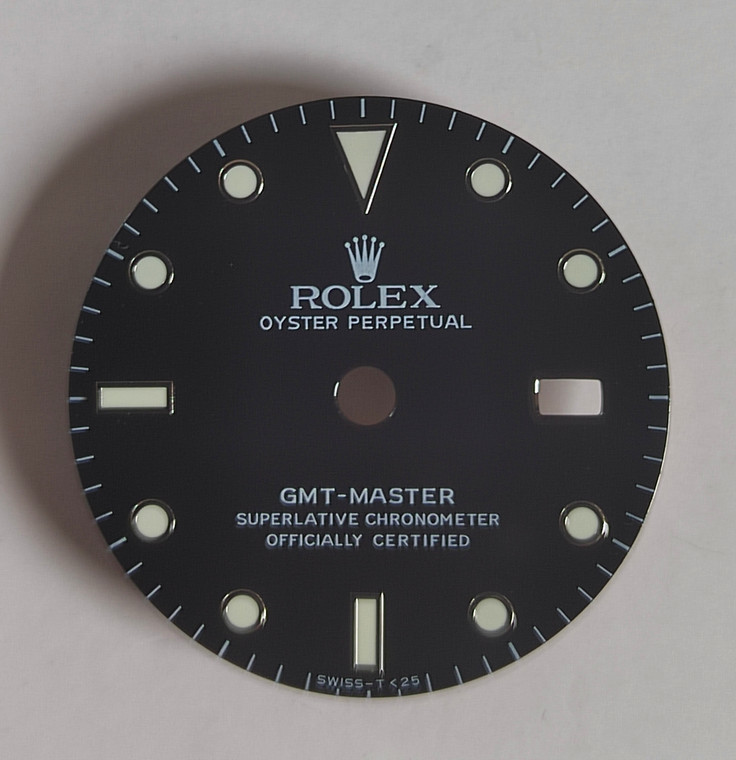 27.3mm Glossy Black 16750 Vintage Style Of GMT Master Dial With Super White Luminova Marked Rolex Symbol Fit ETA 2836 Or DG3804B movement With Date Wheel Overlay For 4 Hands