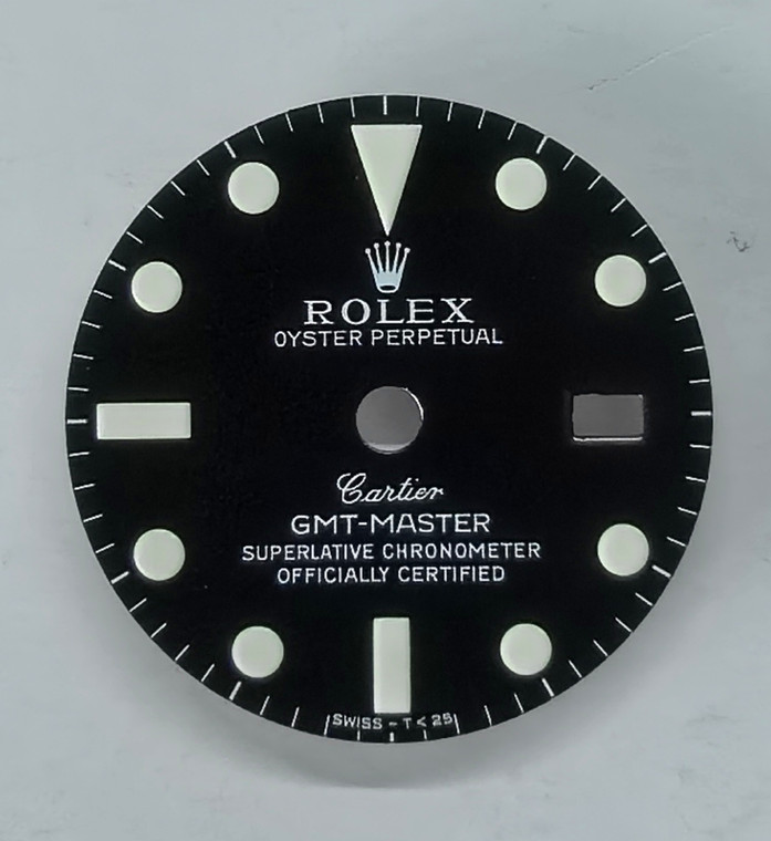 27.3mm 1675 Vintage Style Of Matt Black GMT Master Dial With Super White Luminova Marked Rolex And Cartier Symbol Fit ETA 2836 Or DG3804B movement With Date Wheel Overlay For 4 Hands