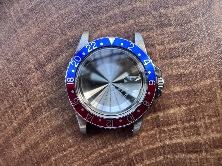 NEW UPDATED ROLEX Signed Vintage Style of 39.6mm Stainless Steel 1675 GMT Watch Case With Acrylic Bubble Crystal Pepsi Friction Bezel And 20mm Lugs Have Drilled Through Holes Fit Modified 2836 Movement And Dial In 27.3mm With DWO