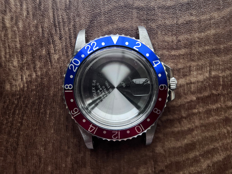 UPDATED ROLEX Signed Vintage Style of 39.6mm Stainless Steel 1675 GMT Watch Case With Acrylic Bubble Crystal Pepsi Friction Bezel And 20mm Lugs Have Drilled Through Holes Fit Modified 2836 Movement And Dial In 27.3mm With DWO
