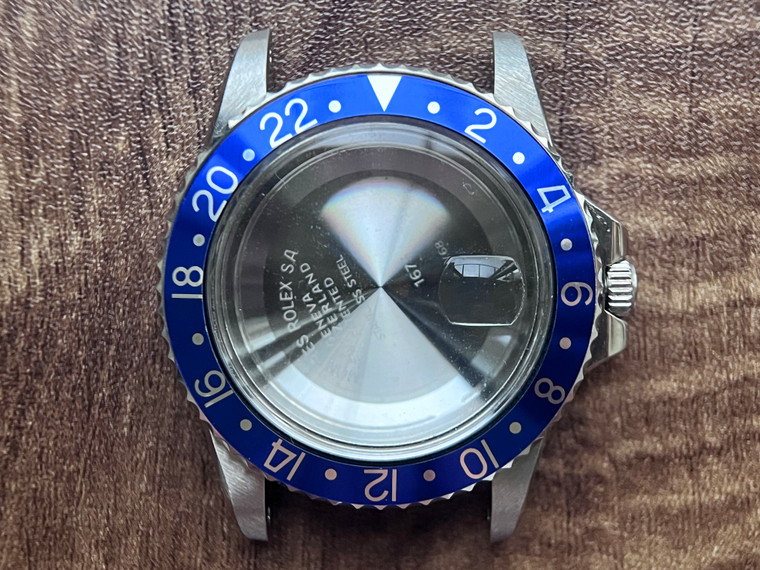 UPDATED ROLEX Signed Vintage Style of 39.6mm Stainless Steel 1675 GMT Watch Case With Acrylic Bubble Crysta Blue Friction Bezel And 20mm Lugs Have Drilled Through Holes Fit Modified 2836 Movement And Dial In 27.3mm With DWO