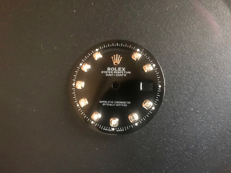 28.7mm Glossy Black Dial Marked Rolex Symbol With Silver CZ Rhinestones For Mens 36mm Steel DAY-DATE Watch Fit ETA 2836 Or DG 2813 Automatic Movement