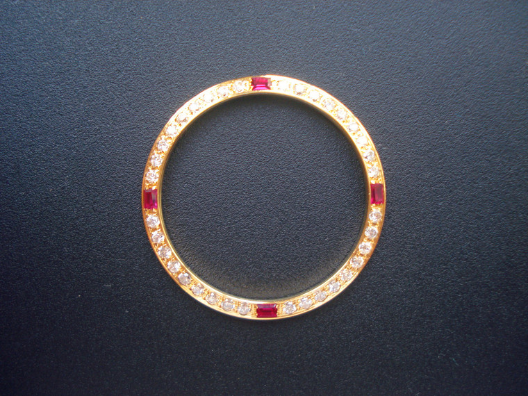 Gold Alloy Plated Yellow Golden Bezel With 4 ruby and 36 White CZ Rhinestones For Mens 36mm ROLEX DATEJUST Or DAY-DATE Watch