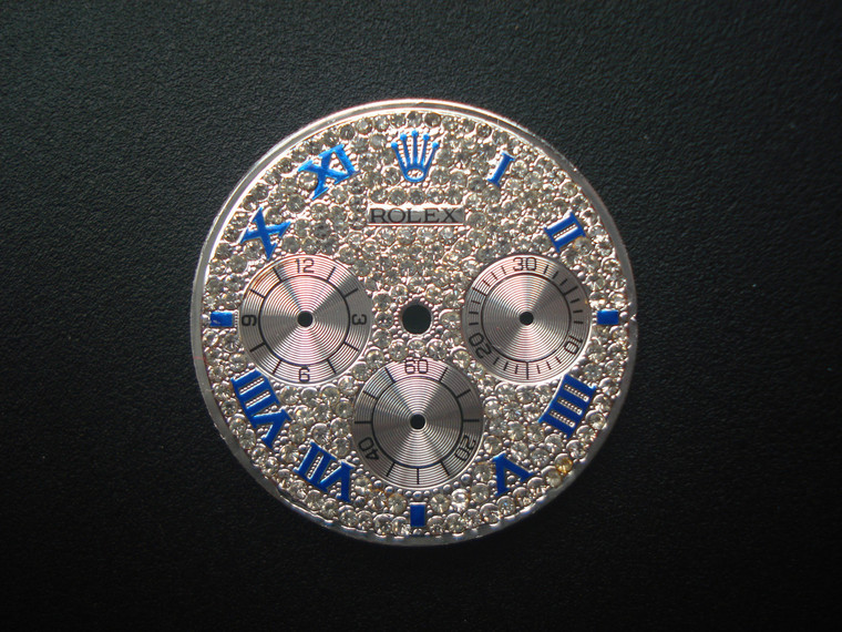 29mm Silver Dial Marked Rolex Symbol With Full CZ Rhinestones And Blue Roman Numerals For Mens DAYTONA Watch Fit Chinese 7750 Automatic Movement