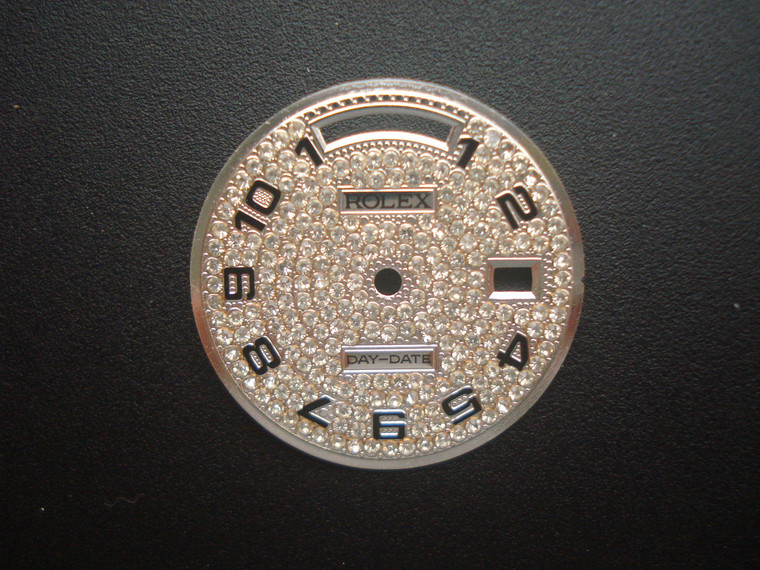 29mm White Golden Dial Marked Rolex Symbol With Full CZ Rhinestones And Black Numbers For Mens 36mm Steel DAY-DATE Watch Fit ETA 2836 Or DG 2813 Automatic Movement