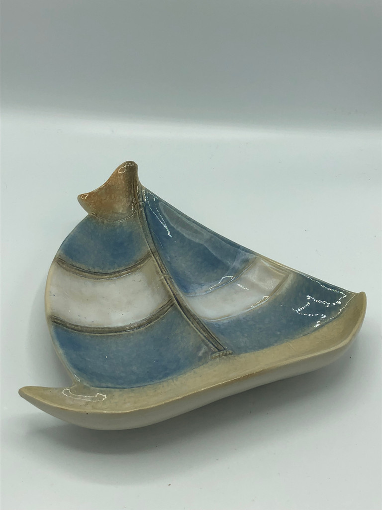 Ceramic Blue, Tan, White Sailboat dish