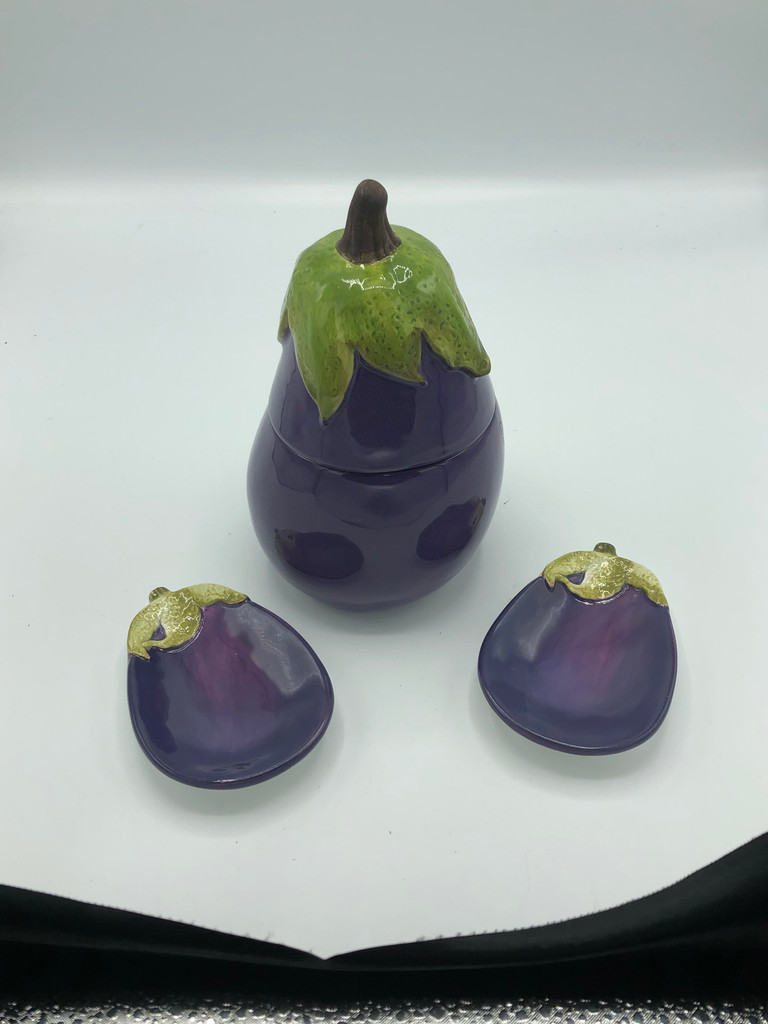 Eggplant canister with 2 mini plates