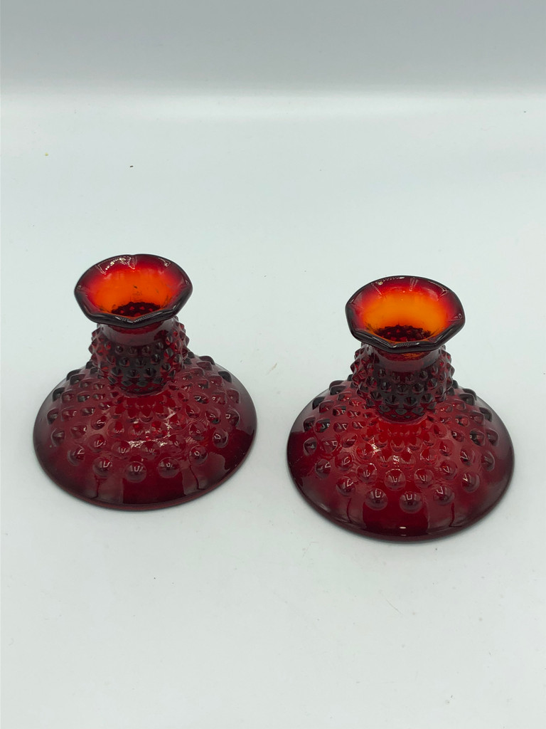 Fenton Ruby Red Hobnail glass candle holders that Glow!