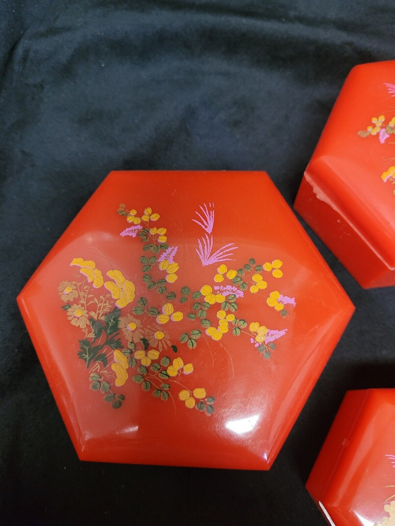 Red Plastic Hexagon Shaped Floral Nesting Vanity Trinket Box Set of 3