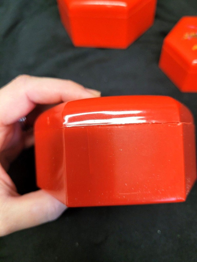 Red Plastic Hexagon Shaped Floral Nesting Vanity Trinket Box Set of 3