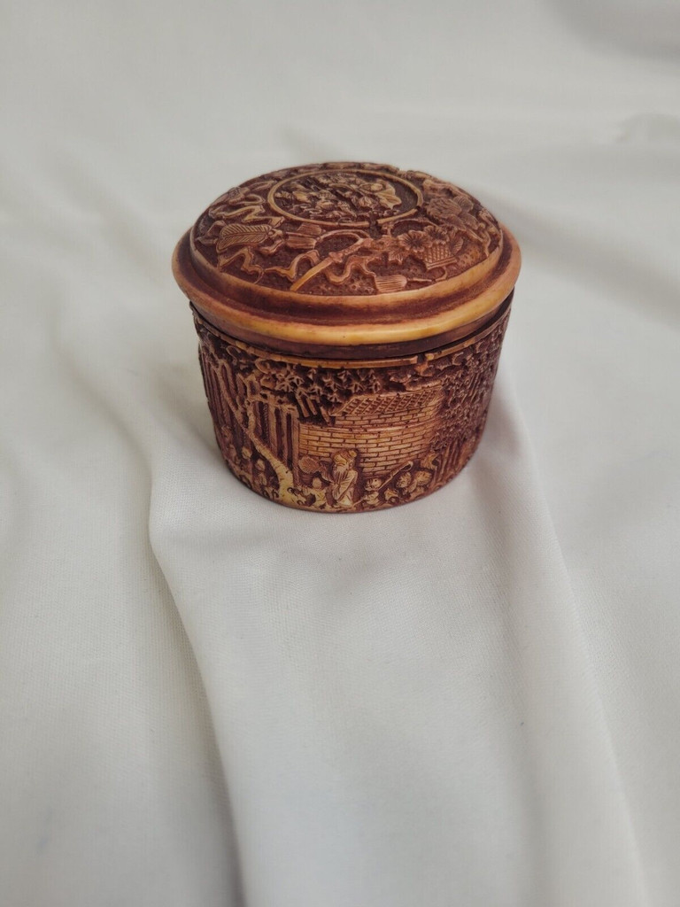 Carved Resin Trinket Box with Asian Scene