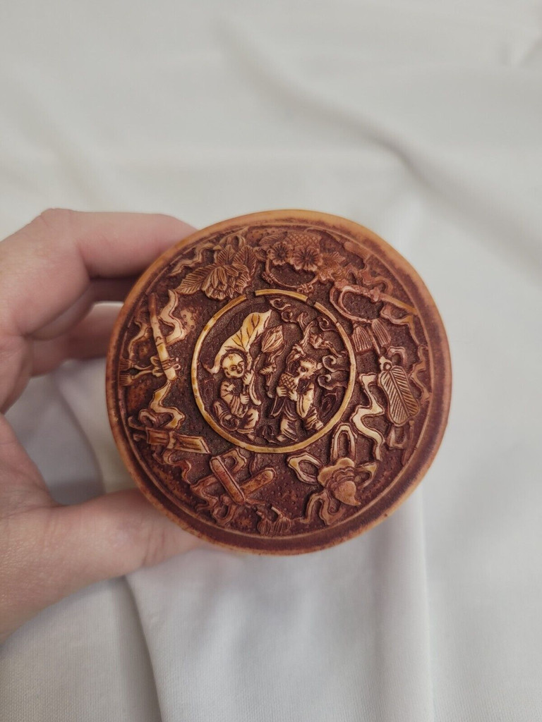 Carved Resin Trinket Box with Asian Scene
