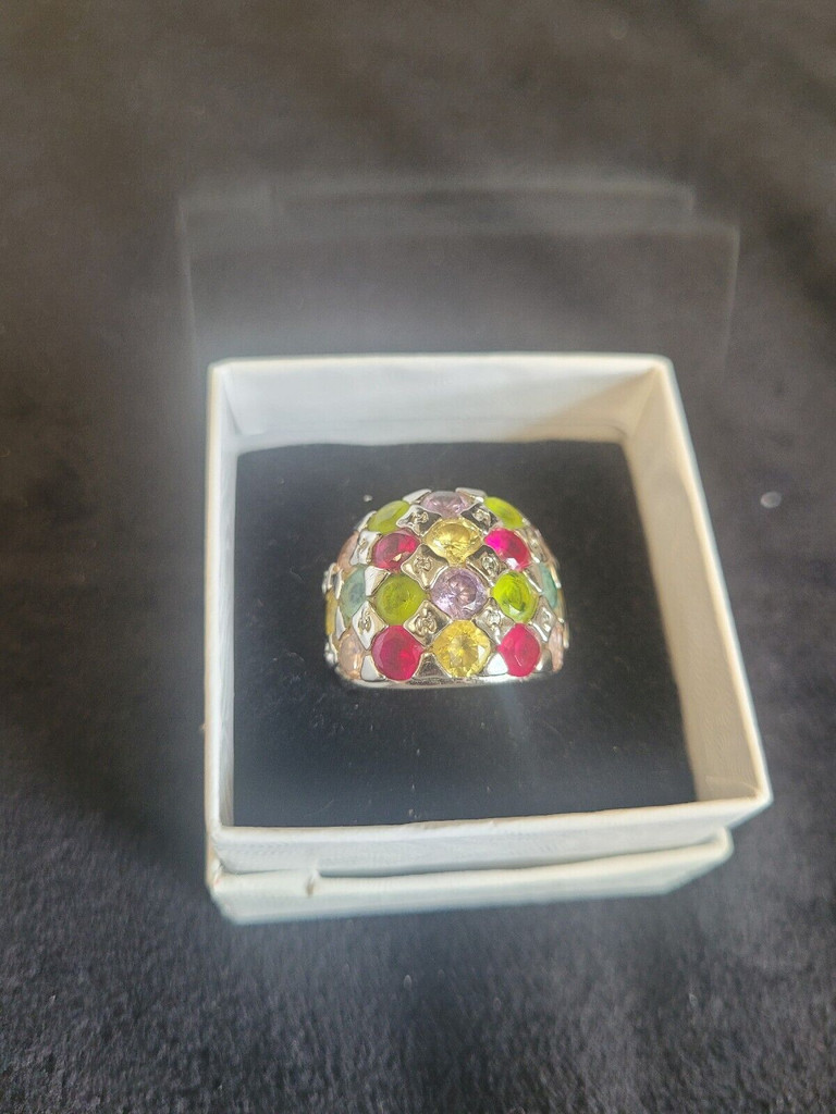 Multi colored stone silver tone ring