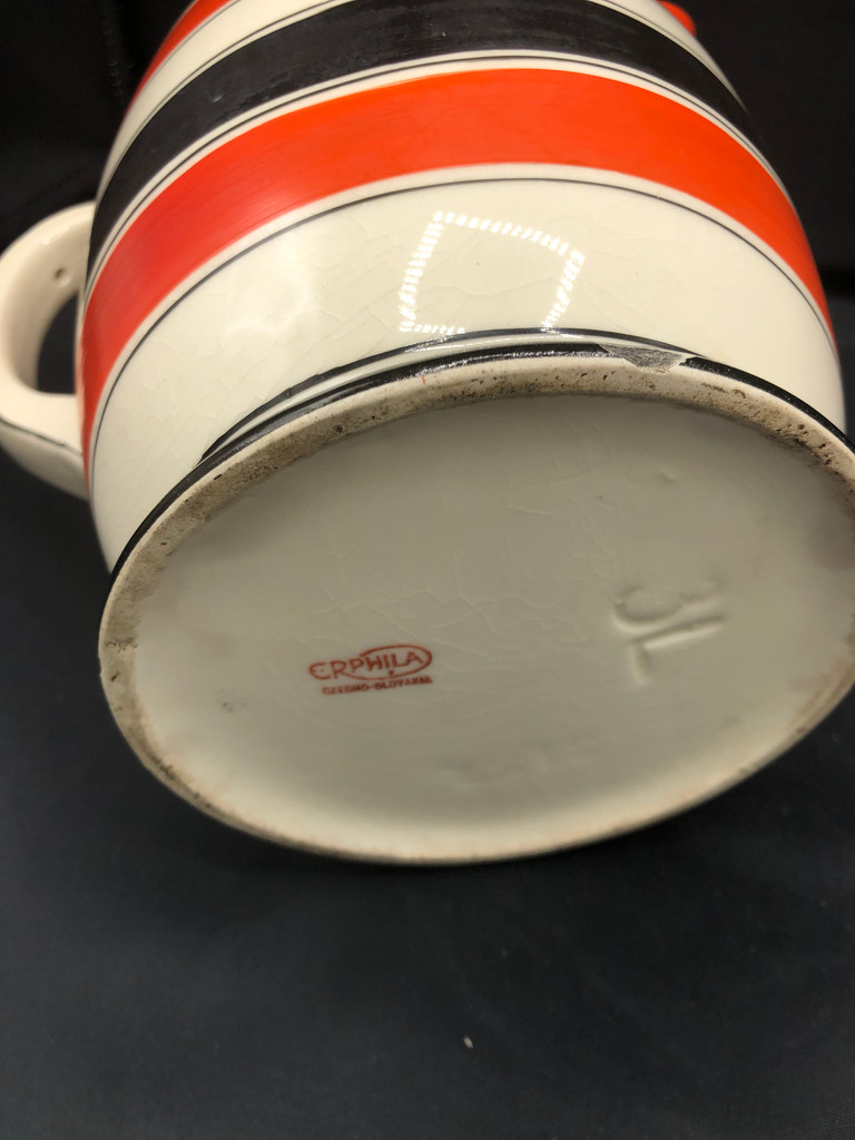 Vintage  Czech Erphila Black & Orange Stripe Pottery Pitcher